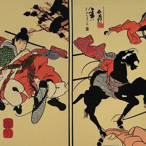 Image similar to ninjas jumping off horses to fight samurai manga style ukiyoe style