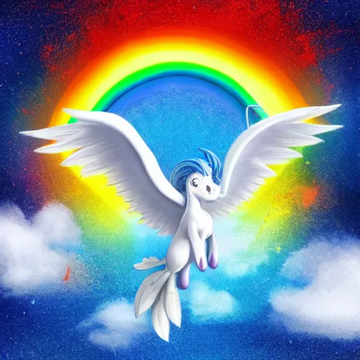 Image similar to Photograph of a Alicorn flying in the sky, blue eyes, white body, rainbow wings, rainbow horn, trending on artstation, ultrarealistic, 8k