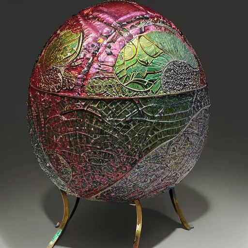 Prompt: faberge egg made of metal, cotton textures, yarn, metal, war photography, polychromatic - colors, massive scale, huge, metallic, iron