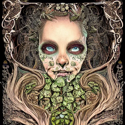 Image similar to a beautiful detailed front view portrait of a rotten woman corpse with fractal plants and fractal flowers and mushrooms growing around, symmetrical, ornate, ornamentation, illustration, in the style of art nouveau