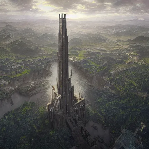 Image similar to an ultra detailed matte painting of a lonely and impossibly tall ominous dark tower elevated high above the city, on an isolated plateau island in a river elevated high above the city fortress tower, fantasy capital city, ultrawide lense, aerial photography, volumetric lighting, exquisite detail, 8 k, art by artgerm and greg rutkowski and alphonse mucha