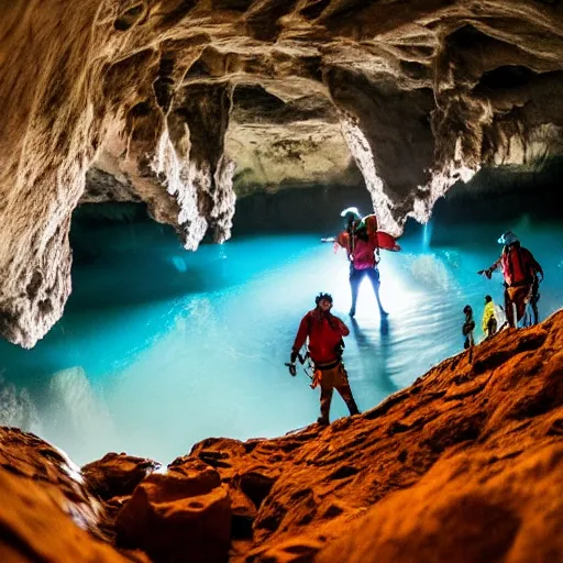 Image similar to photo of spelunkers in caving gear exploring a beautiful majestic cave full of geodes, crystals, and gemstones. there is a natural river of turquoise water. professional journalistic photography from national geographic.