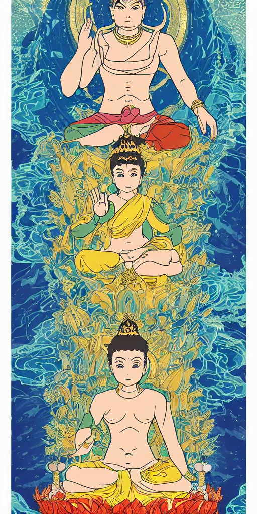 Image similar to buddha sitting on a throne of ice surrounded by lotus flowers drawn by studio trigger, in the style of Little Witch Academia, spiritual enlightenment, tarot card, Tarot card the Hierophant,