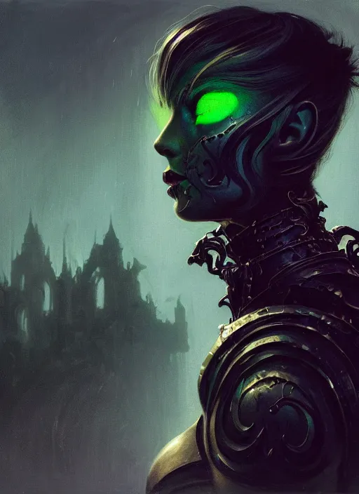 Image similar to side portrait, imogen poots, deathknight, black armor, gloomhaven, soft, smooth, luminescent, haunting, pale green backlit glow, evil inky swirly ripples, sickly colors, 8 k, by mucha, greg rutkowski, jesper ejsing, rhads, ilya kuvshinov, cushart krenz