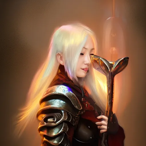 Image similar to a digital painting of a woman with blonde hair, a character portrait by feng zhu, cgsociety, fantasy art, ethereal glow, light white rainbow nails and a glowing chromatic sword behind her, medieval armour, waterfall, crocodile, tamborine, salt shaker, happy friend, fire, lamps, artstation hq, artstation hd, fantasy