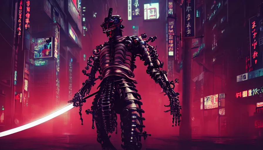 Prompt: movie still, an biomechanical cyborg samurai holds a katana in his hands in night city, cyberpunk horror style, cyberpunk, cyberpunk futuristic neo, detailed and intricate environment, octane render, unreal engine, 4 k