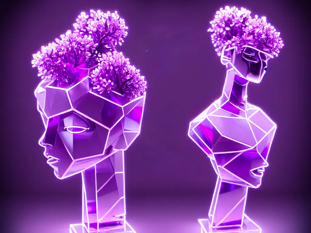 Image similar to beautiful mannequin sculpted out of amethyst by billelis + lit with purple 3 d geometric neon + chrome geometric cubed bonsai plants!!!!, doorway opening with neon pink geometric light, clean linework, dramatic, finely detailed, rule of thirds, moody, confident, award winning, 4 k, trending on artstation, photorealistic, volumetric lighting, octane render