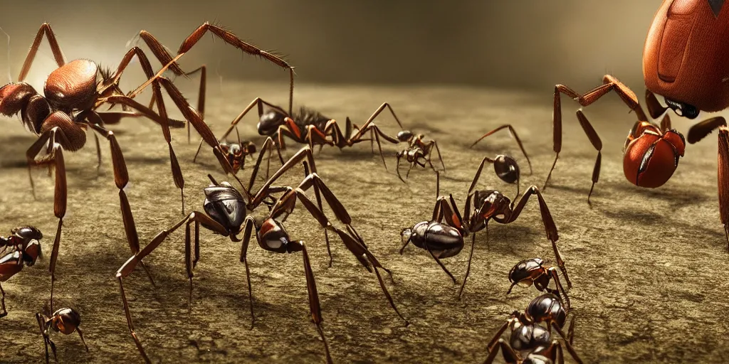 Prompt: epic battle scene Ants versus Spiders, Macro, the last stand, Epic Background, highly detailed, sharp focus, 8k, 35mm, cinematic lighting