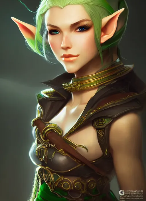 Prompt: portrait of beautiful elf spy, female, white skin, golden ponytail hair, green eyes, high fantasy, dnd, extremely detailed, smooth, sharp focus, digital illustration, by rossdraws, sakimichan, frank franzzeta