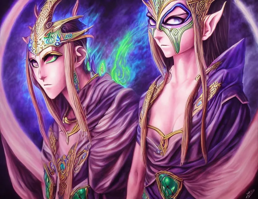 Prompt: elven masked deity. this air brush painting by an indie anime artist has an interesting color scheme, plenty of details and impeccable lighting.