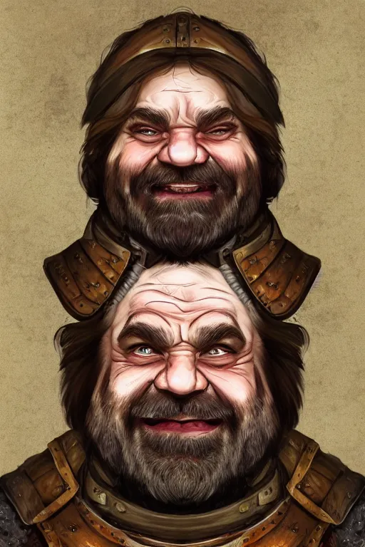 Prompt: head and shoulders portrait of a dwarf adventurer, jovial, scarred lip, grandfatherly, leather armor, male, tavern background, high fantasy, d & d, by klimt, face details, extremely detailed, digital illustration