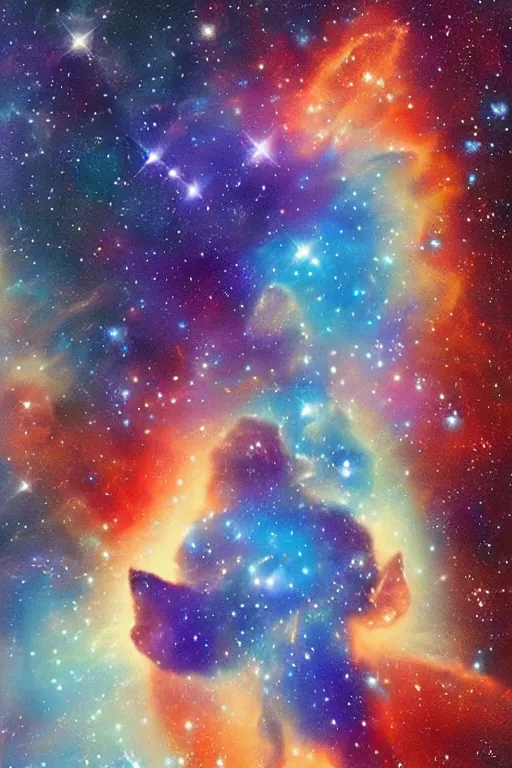 Image similar to A cat nebula, space colors, beautiful painting, cute kitten