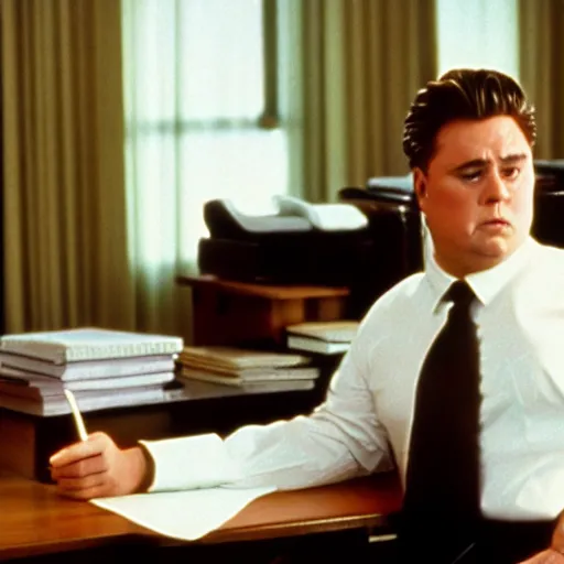 Prompt: clean - shaven chubby white wearing a shirt and necktie sitting at a desk, 1 9 8 9 movie still, cinematography, cinematic lighting