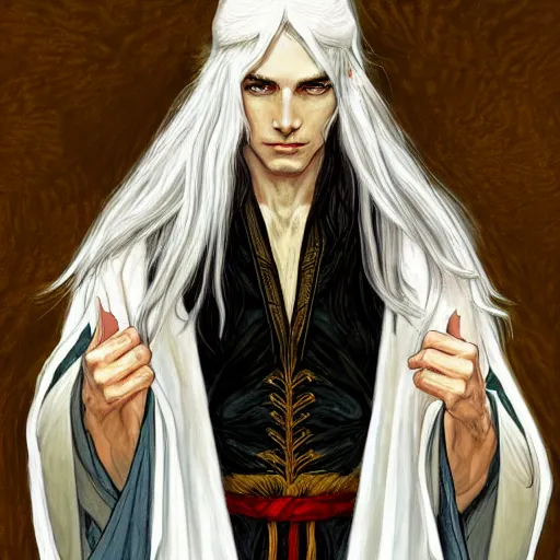 Prompt: portrait painting of a confident elf man with long white hair wearing a stylish white robe, sharp focus, award - winning, trending on artstation, masterpiece, highly detailed, intricate. art by rebecca guay