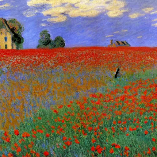 Image similar to A vast field of poppy flowers under a blue sky by Monet, village in distance