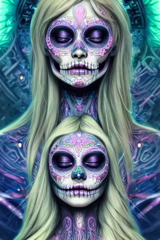 Image similar to ultra detailed female android deity, eyes closed, 8 k, flowerpunk, psychedelic vector art, digital painting, sci - fi, fantasy, moody, calm, ( dia de los muertos ), asymmetrical, concept art, art by artgerm and giger and michael welan and alphonse mucha and loish and wlop