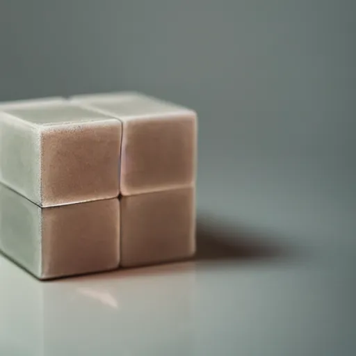 Prompt: a suspicious cube left on a table. soft room lighting, dslr