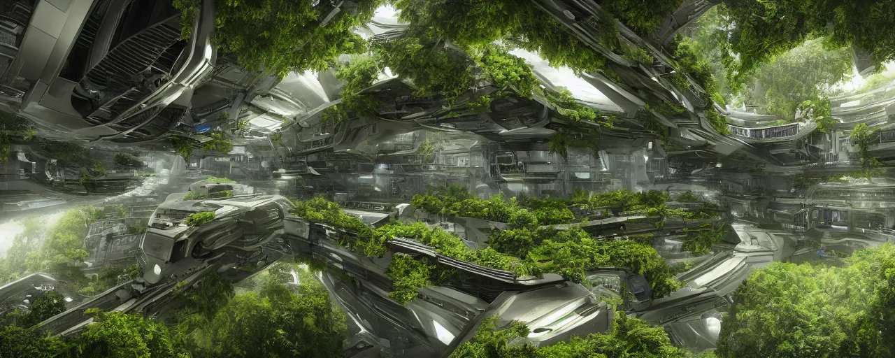 Image similar to a photo of a detailed science-fiction freight wide open architectural multi-level spaceship docking bay with balconies overlooking a dense green forest, with people working, looking out into space, 4k, unreal engine, concept art, matte painting, cosmic horror, nightmare,