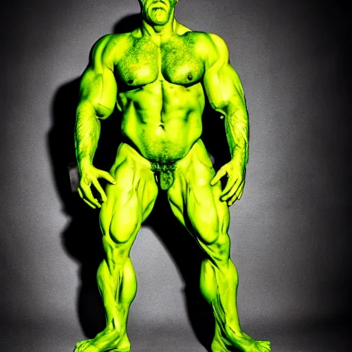 Image similar to a big muscular yellow monster with green dots and only one leg, photography, practical effect