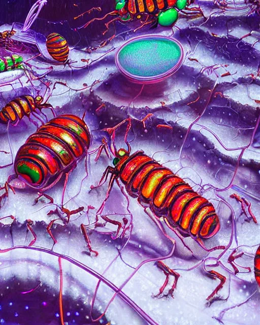 Image similar to super surreal detailed hyperrealist painting of futuristic diorama of purple firefly insects made out of mandelbulb silver metallic spheres floating leak highlighter glowing red neon slime in the white snow artic tundra unreal engine gouache detailed painting