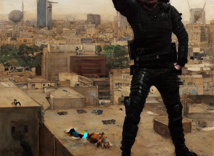 Image similar to Greg evades sgt Nash. Cyberpunk hacker escaping menacing police troopers (blade runner 2049). bearded face. rooftop free running. Iranian orientalist portrait by john william waterhouse and Edwin Longsden Long and Theodore Ralli and Nasreddine Dinet, oil on canvas. Cinematic, hyper realism, realistic proportions, dramatic lighting, high detail 4k