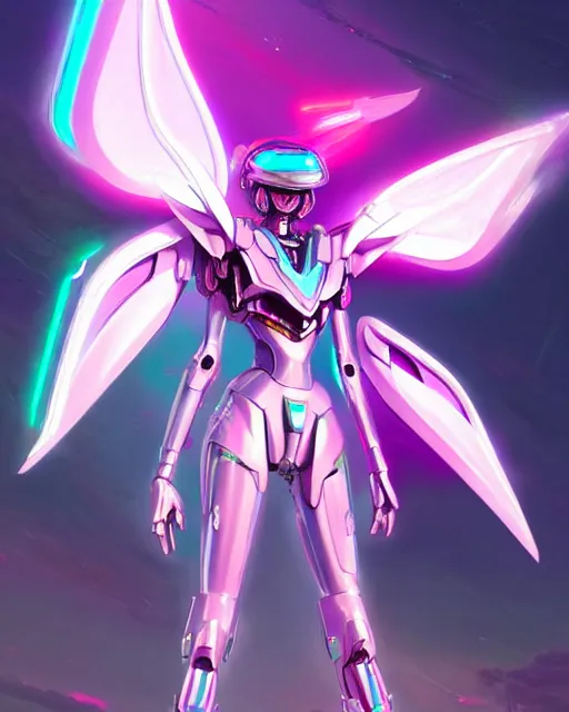 Image similar to uncropped iridescent feminine mecha ( with futuristic jet armor and wings ) with a heart visor helmet, symphogear, full body character portrait, hi - tech, trending on artstation, hot pink armor, digital painting, concept art, sharp focus, illustration, art by wlop and greg rutkowski
