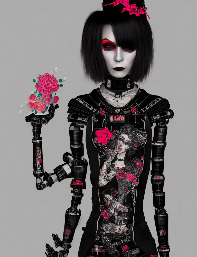 Image similar to full body portrait of a gothic style punk geisha robot with kanji tattoos and decals wearing a digital pixelated kimono, intricate design, photo - realistic, octane render, dark colour palette, ultra fine detailed, character design, trending on artstation