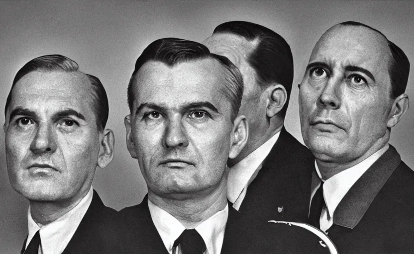 Image similar to 50s movie still close-up portrait of three individual elder soviet generals with very diverses faces in a stalinist style hall, by Irving Penn, Cinestill 800t 50mm black and white, heavy grainy picture, very detailed, high quality, 4k, HD criterion, precise texture, facial precision, diverse haircuts, diverse ages, each faces precisely define