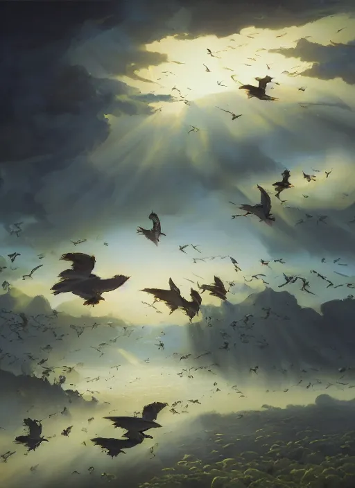 Prompt: a landscape of swirling darkness and shadow with a swarming flock of birds, extremely detailed oil painting, rhads, sargent and leyendecker, savrasov levitan polenov, bruce pennington, studio ghibli, tim hildebrandt, digital art, landscape painting, trending on artstation, masterpiece