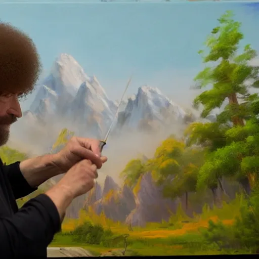 Image similar to a closeup photorealistic photograph of bob ross working on a canvas painting of mickey mouse. film still. brightly lit scene. mountains and trees. this 4 k hd image is trending on artstation, featured on behance, well - rendered, extra crisp, features intricate detail, epic composition and the style of unreal engine.