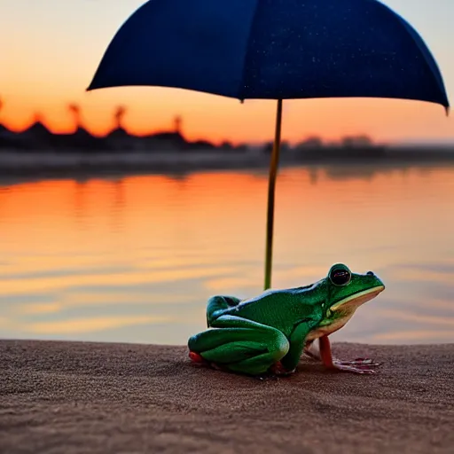 Image similar to frog sitting on the beach with an umbrella next to him, watching a beautiful sunrise, photograph