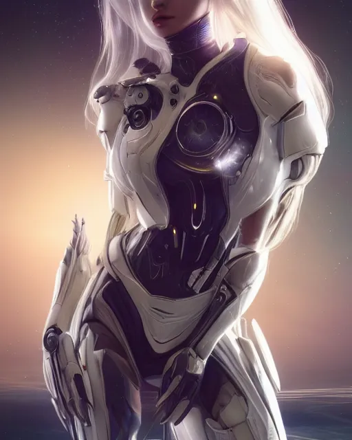 Prompt: photo of a beautiful girl on a mothership, android, warframe armor, pretty face, scifi, futuristic, galaxy, raytracing, dreamy, perfect!!!, cosmic wind, pure, white hair, blue cyborg eyes, glow, insanely detailed, artstation, innocent look, art by gauthier leblanc, kazuya takahashi, huifeng huang