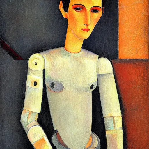 Image similar to portrait of a robot by amadeo modigliani in the style of greg rutkowski