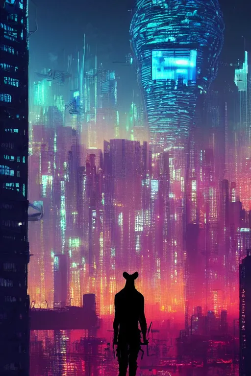 Prompt: an african wild dog, silhouette against a cyberpunk cityscape, neon, mountains, mist, giant trees, tower blocks, clubs, aircraft, detailed, trending on artstation, unreal engine, superb, vibrant, by paul lehr