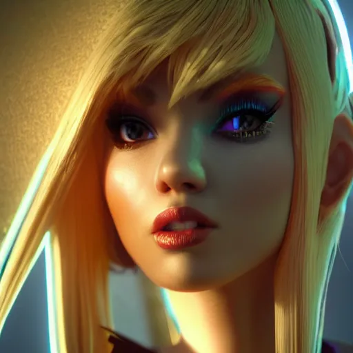 Prompt: still of pretty KDA More Lux (wild rift) close up in music video. 3d render, octane render, game art, realistic, highly detailed, trending on artstation, 4k, trending on artstation, pixar, cgsociety, unreal engine 5, redshift render, trending on artstation, blender, behance, cg