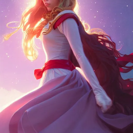 Image similar to Elizabeth Olsen as Sailor Moon, western, D&D, fantasy, intricate, elegant, highly detailed, digital painting, artstation, concept art, matte, sharp focus, illustration, art by Artgerm and Greg Rutkowski and Alphonse Mucha