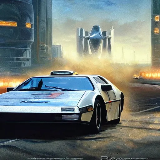 Image similar to a formula 1 from the future, nuclear powered, racing with doc's delorean detailed, artstation, concept art, donato giancola, joseph christian leyendecker, wlop, strong eyes, highest resolution, extremely detailed | beautiful, establishing shot, artistic, hyperrealistic, enhanced hands, octane render