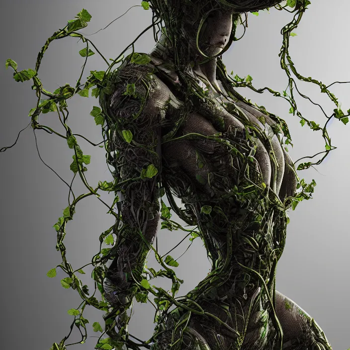 Prompt: female cyborg dryad standing, entwined by vines and roots, dark forest, surreal, light shining through, hyper - realistic, highly detailed, sharp focus, smooth, intricate, octane render