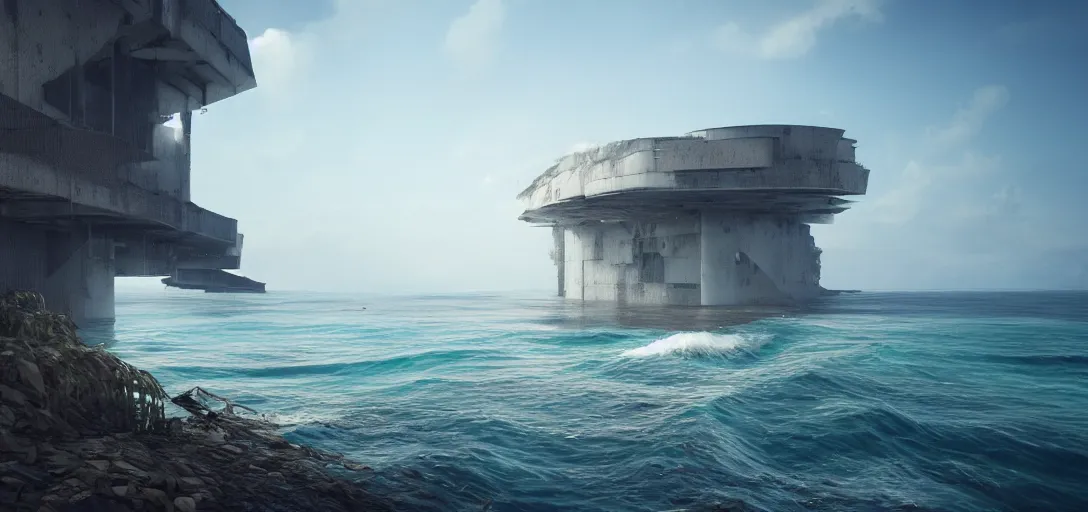 Image similar to view of sea, far away giant ruined abandonded brutalist sea structure in the distance, empty, clear skies, waves, reflections, refractions, caustics, dappled light, cinematic lighting, ultra detailed, sharp, ambient occlusion, raytracing, 3 d artstation render by greg rutowski, finnian macmanus and jessica rossier