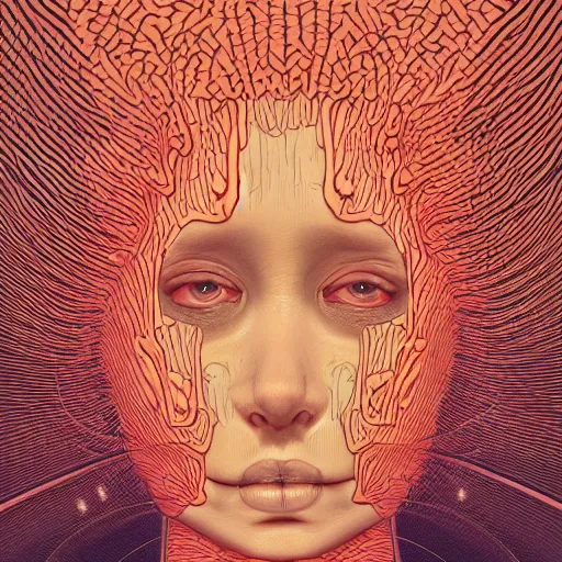 Image similar to psychopath insane woman emerging from her skin, shintaro kago, studio light, fashion photography portrait, head neck shoulders, victo ngai, kilian eng, alex grey, moebius, digital art, masterpiece, camille vivier, fantastically beautiful, beksinski, dan mumford, simon stalenhag, artstation, 8 k