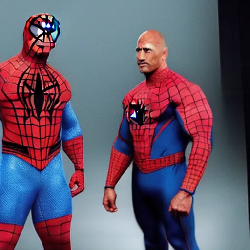 Image similar to dwayne johnson promo on ring wearing spiderman costumes