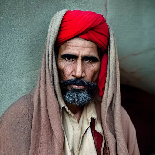 Image similar to portrait of president barack obama as afghan man, green eyes and red turban looking intently, photograph by steve mccurry