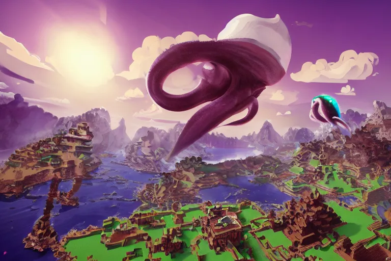 Image similar to giant squids battling in the sky, minecraft, artstation, highly detailed