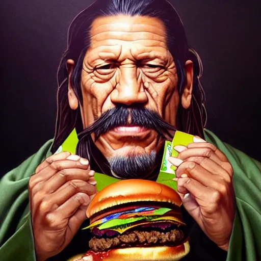 Image similar to black velvet painting of danny trejo eating hamburgers, advertising billboard, extra onions and ketchup, luscious patty with sesame seeds, ethereal, holy sacred light rays, handsome, D&D, fantasy, intricate, elegant, highly detailed, art by Artgerm and Greg Rutkowski and Alphonse Mucha