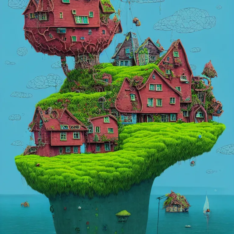 Image similar to house on island, sea cloud, surreal art by gediminas pranckevicius, geof darrow, keith harring, dark shadows, hard lighting, floralpunk, inking, etching, screen print, masterpiece, trending on artstation, sharp, colorful high contrast hd, 8 k hyper detailed