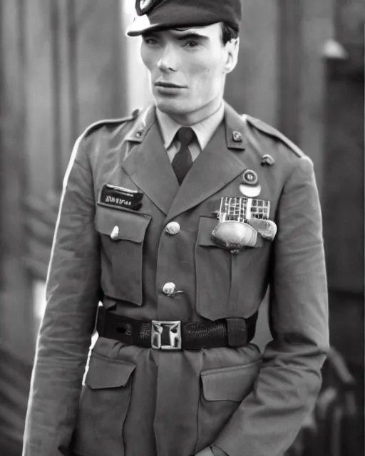 Image similar to cillian murphy in a world war ii uniform, black and white film photography