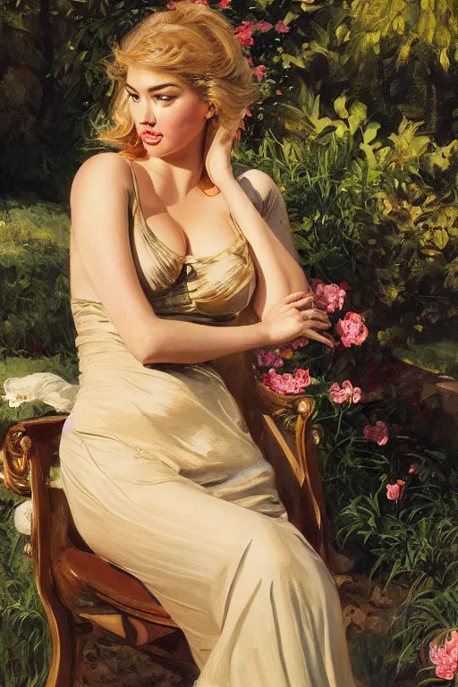 Prompt: Kate Upton, golden hour, in a garden, artstation, by J. C. Leyendecker and Peter Paul Rubens,