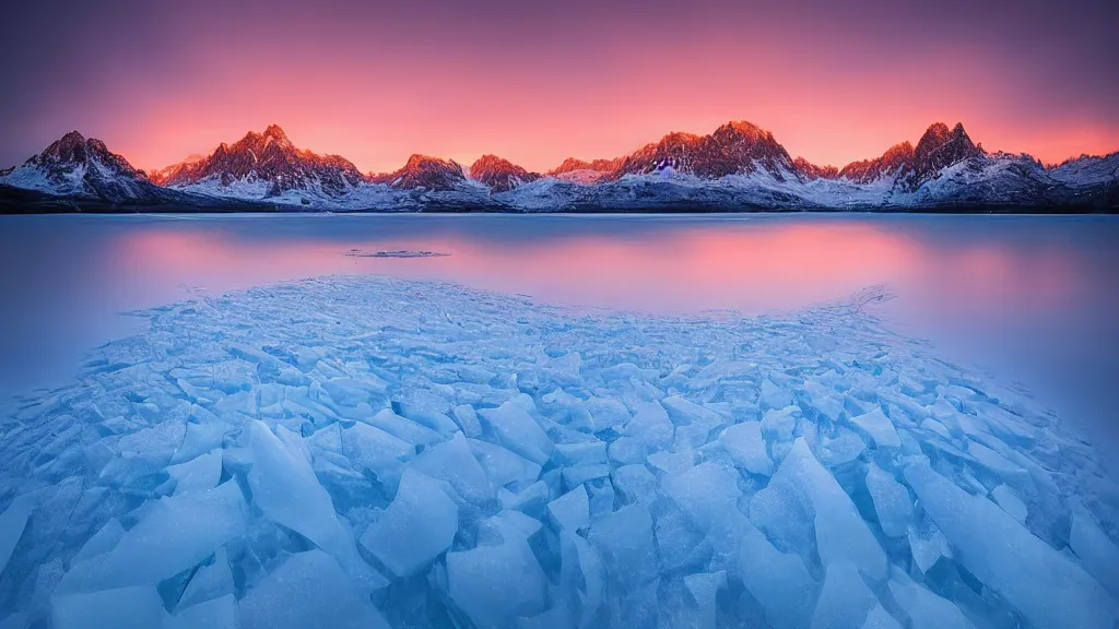 Prompt: amazing landscape photo of a snowy mountains with an ice lake in sunset by marc adamus, beautiful dramatic lighting