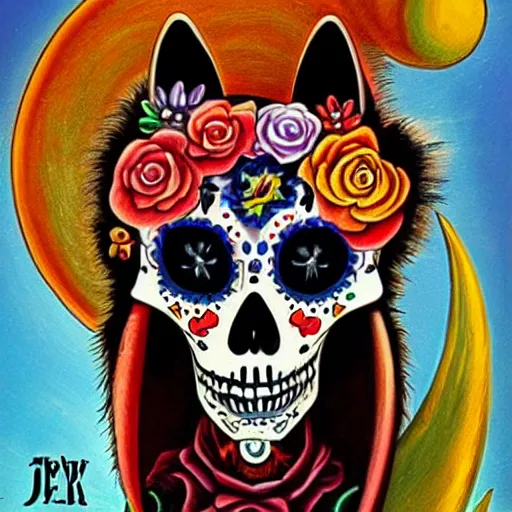 Image similar to a dia de los muertos themed fox skull character, themed on the stars and moon, painting by jeff easley