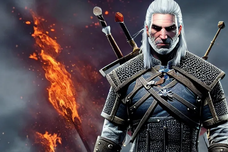 Image similar to Geralt of Rivia is The Avatar, Master of all four elements.